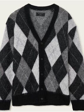 AllSaints Men’s Black & Gray Argyle Cardigan